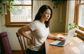 腰痛の原因と解消法：デスクワーク中に腰を押さえる女性