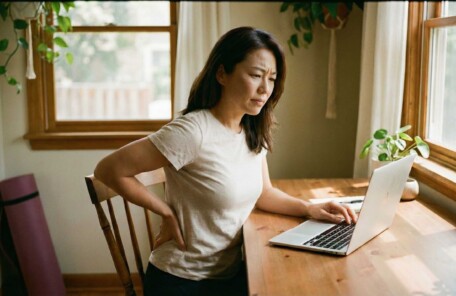 腰痛の原因と解消法：デスクワーク中に腰を押さえる女性