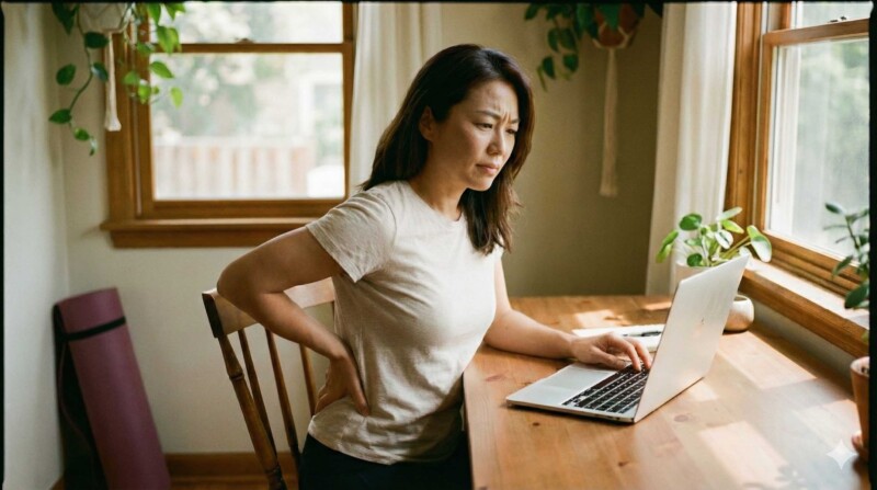 腰痛の原因と解消法：デスクワーク中に腰を押さえる女性