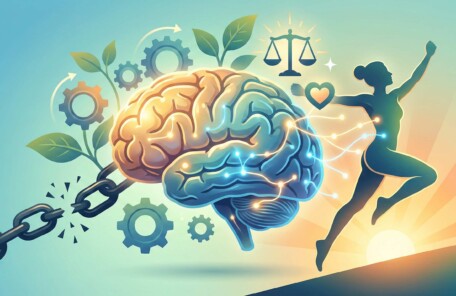 ダイエット成功マインドのイメージイラスト。脳が鎖を断ち切り、理想の体型を手に入れた女性が光に向かって飛躍している様子。メンタル改革と痩せる思考法の重要性を表現