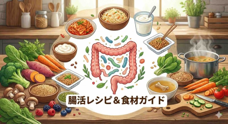 腸活レシピ＆食材ガイド。健康な腸のイラストを中心に、キムチ、納豆、ヨーグルトなどの発酵食品や、食物繊維が豊富な野菜、豆類、きのこなどが並ぶアイキャッチ画像。