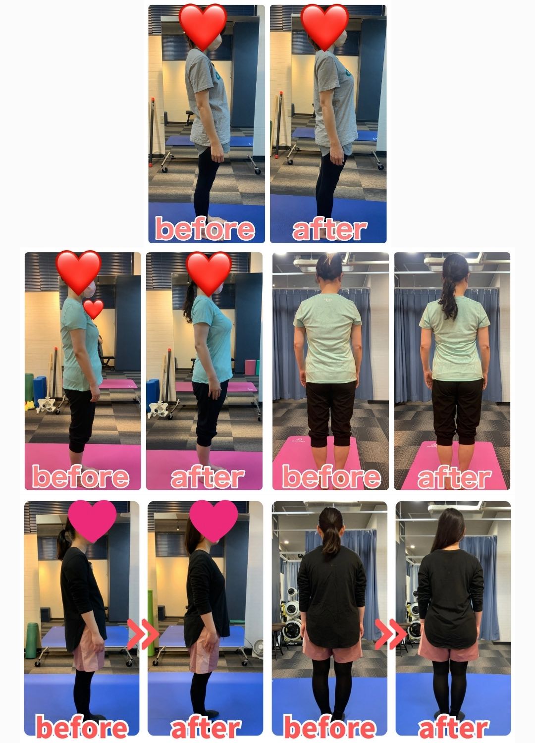 30代から50代女性の姿勢改善ビフォーアフター写真3選。猫背や反り腰が改善し、横からの立ち姿やヒップラインが美しく変化した様子。広島市中区のパーソナルトレーニングスタジオSlenでの指導実績。