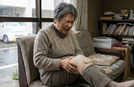 自宅のソファに座り、サポーターを着けた右膝の痛みに顔をしかめている高齢の日本人女性