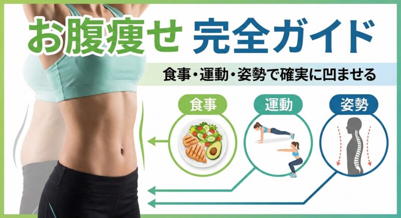 【お腹痩せ完全ガイド】食事・運動・姿勢改善でぽっこりお腹を確実に凹ませる方法をまとめたブログ記事のアイキャッチ画像。ビフォーアフターのウエスト写真と、具体的なアプローチ（健康的な食事、筋トレ、良い姿勢）のイラストが描かれている。