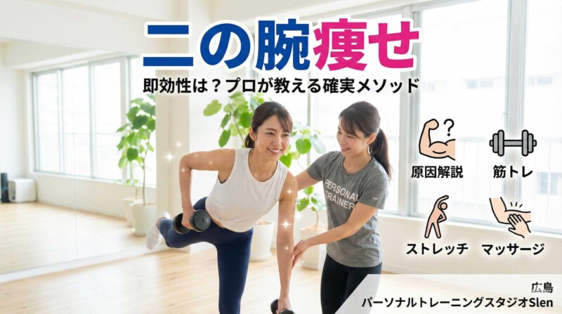 広島のパーソナルトレーナーが教える二の腕痩せの筋トレ（キックバック）の様子。原因解説、ストレッチ、マッサージによる確実なメソッドを紹介。