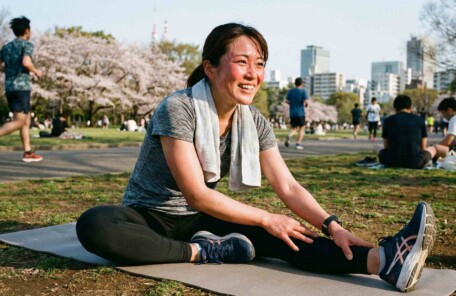 桜が咲く公園の芝生で、運動後に汗をかきながら笑顔でストレッチをしている日本人女性