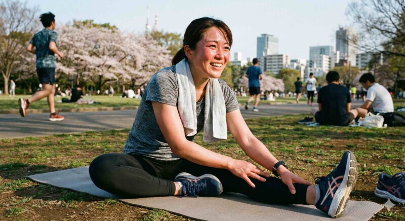桜が咲く公園の芝生で、運動後に汗をかきながら笑顔でストレッチをしている日本人女性
