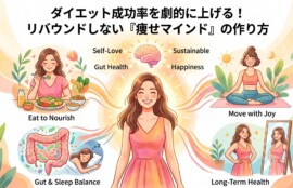 「ダイエット成功率を劇的に上げる！リバウンドしない『痩せマインド』の作り方」というタイトルのインフォグラフィック。中央に自信に満ちた女性が立ち、頭上の脳から「Self-Love（自己愛）」、「Sustainable（持続可能）」、「Gut Health（腸の健康）」、「Happiness（幸福）」の言葉が広がっている。周囲には、栄養価の高い食事を摂る「Eat to Nourish」、楽しく運動する「Move with Joy」、腸と睡眠のバランスを整える「Gut & Sleep Balance」、鏡を見て健康を実感する「Long-Term Health」の4つのパネルが描かれている。パステルカラーの背景に、流れるようなラインと植物が描かれている。