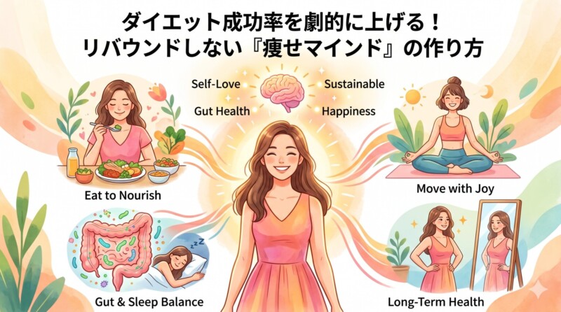 「ダイエット成功率を劇的に上げる！リバウンドしない『痩せマインド』の作り方」というタイトルのインフォグラフィック。中央に自信に満ちた女性が立ち、頭上の脳から「Self-Love（自己愛）」、「Sustainable（持続可能）」、「Gut Health（腸の健康）」、「Happiness（幸福）」の言葉が広がっている。周囲には、栄養価の高い食事を摂る「Eat to Nourish」、楽しく運動する「Move with Joy」、腸と睡眠のバランスを整える「Gut & Sleep Balance」、鏡を見て健康を実感する「Long-Term Health」の4つのパネルが描かれている。パステルカラーの背景に、流れるようなラインと植物が描かれている。