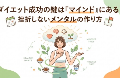 『ダイエット成功の鍵は『マインド』にある！挫折しないメンタルの作り方』という日本語のタイトルテキストが入った、健康的なライフスタイルのイラスト。中央には笑顔の女性が立ち、彼女の頭上の吹き出しには心、脳、天秤、植物のアイコンが描かれ、心身のバランスを表している。彼女の周りには発酵食品（味噌、納豆、ヨーグルト）や植物の葉、カレンダーが配置されており、健康的な習慣を示唆している。