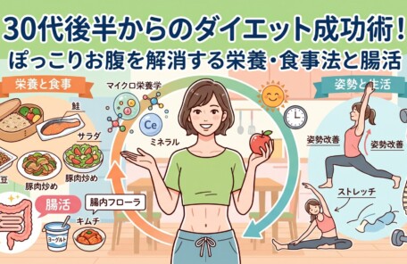「30代後半からのダイエット成功術！ぽっこりお腹を解消する栄養・食事法と腸活」のタイトル文字と、健康的な女性を中心に栄養バランスの取れた食事や腸活食材、姿勢改善のストレッチが描かれたイラスト画像。