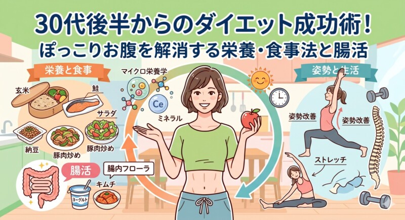 「30代後半からのダイエット成功術！ぽっこりお腹を解消する栄養・食事法と腸活」のタイトル文字と、健康的な女性を中心に栄養バランスの取れた食事や腸活食材、姿勢改善のストレッチが描かれたイラスト画像。