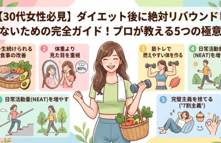 笑顔でダンベルと健康的な食材を持つ30代女性を中心に、食事改善や筋トレなどリバウンドを防ぐ5つの極意のイラストが描かれた、「【30代女性必見】ダイエット後に絶対リバウンドしないための完全ガイド！プロが教える5つの極意」のタイトル文字入りアイキャッチ画像