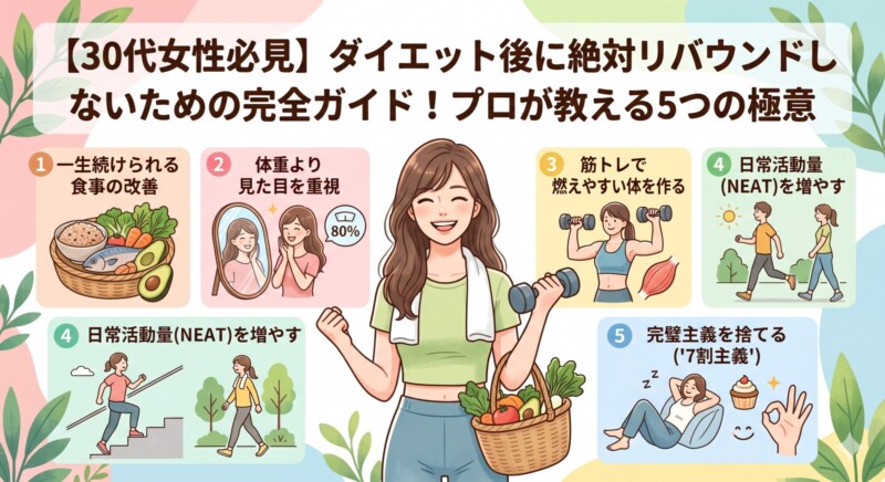 笑顔でダンベルと健康的な食材を持つ30代女性を中心に、食事改善や筋トレなどリバウンドを防ぐ5つの極意のイラストが描かれた、「【30代女性必見】ダイエット後に絶対リバウンドしないための完全ガイド！プロが教える5つの極意」のタイトル文字入りアイキャッチ画像