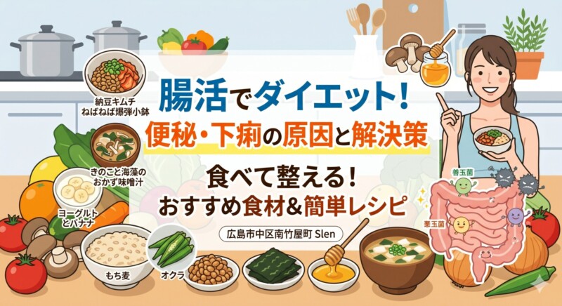ブログ記事「腸活でダイエット！」のアイキャッチ画像。中央に大きなテキストで「腸活でダイエット！」、「便秘・下痢の原因と解決策」、「食べて整える！おすすめ食材＆簡単レシピ」と書かれている。左側には「納豆キムチねばねば爆弾小鉢」、「きのこと海藻のおかず味噌汁」、「ヨーグルトとバナナ」のイラスト付き料理例。下部には「もち麦」、「オクラ」、「納豆」、「めかぶ」、「はちみつ」、「味噌汁」などの具体的なおすすめ食材。右側には、笑顔で料理を持つタンクトップ姿の女性と、善玉菌と悪玉菌のキャラクターが描かれた腸のイラスト。小さなテキストで「広島市中区南竹屋町 Slen」というスタジオ情報が含まれる。キッチンカウンターの背景に、様々な野菜や果物が配置されている。