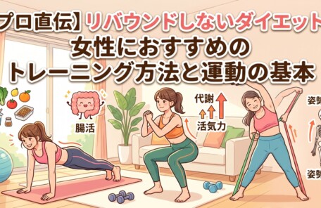【プロ直伝】リバウンドしないダイエット！女性におすすめのトレーニング方法と運動の基本。プランク、スクワット、バンド運動をする女性たちと、健康食、腸活、姿勢改善のイラスト。