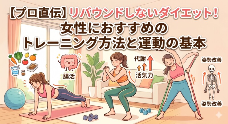 【プロ直伝】リバウンドしないダイエット！女性におすすめのトレーニング方法と運動の基本。プランク、スクワット、バンド運動をする女性たちと、健康食、腸活、姿勢改善のイラスト。