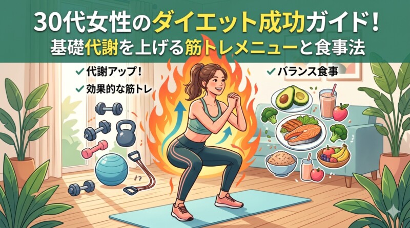 明るいイラストで描かれた、30代女性向けのダイエットブログのアイキャッチ画像です。上部には大きな日本語のテキストで「30代女性のダイエット成功ガイド！基礎代謝を上げる筋トレメニューと食事法」と書かれています。 中央には、スポーツウェアを着用し、笑顔でスクワットをしている女性が描かれています。彼女の体は燃え上がる炎に包まれており、代謝が活発になっていることを示しています。 画像の左側には、「 代謝アップ！ 効果的な筋トレ」というテキストとともに、ダンベル、ケトルベル、フィットネスボール、レジスタンスバンドなどのトレーニング機器が配置されています。 画像の右側には、「 バランス食事」というテキストとともに、アボカド、ブロッコリー、鮭の切り身、全粒穀物のボウル、プロテインシェイク、様々なフルーツなど、健康的な食品が描かれています。 背景は、自然光が差し込む明るいリビングルームで、観葉植物やソファが配置されており、健康的なライフスタイルを象徴しています。全体的に明るく、モチベーションを高めるデザインです。