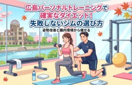 「広島パーソナルトレーニングで確実なダイエット！失敗しないジムの選び方 姿勢改善と腸内環境から痩せる」というタイトルが書かれた、広島の風景が見える明るいジムで男性トレーナーからマンツーマン指導を受ける女性のイラスト