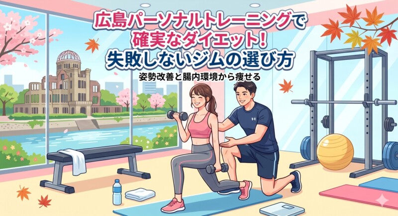 「広島パーソナルトレーニングで確実なダイエット！失敗しないジムの選び方 姿勢改善と腸内環境から痩せる」というタイトルが書かれた、広島の風景が見える明るいジムで男性トレーナーからマンツーマン指導を受ける女性のイラスト