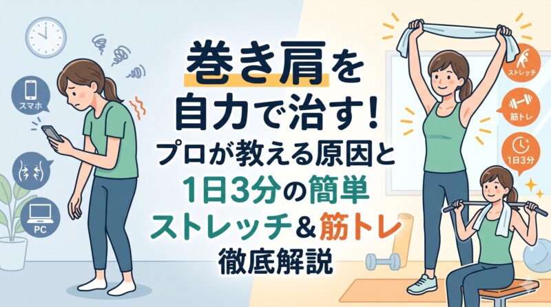 「巻き肩を自力で治す！プロが教える原因と1日3分の簡単ストレッチ＆筋トレ徹底解説」というタイトルが中央に配置されたアイキャッチ画像。左側にはスマホを見て巻き肩になり不調に悩む女性、右側にはタオルストレッチや筋トレをして笑顔で姿勢を改善している女性のイラストが対比して描かれています。