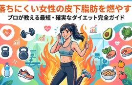 「炎に包まれながら元気にポーズをとるフィットネスウェア姿の女性と、その周囲にダンベルやヘルシーな食材が描かれた、脂肪燃焼ダイエットガイドのアイキャッチイラスト」