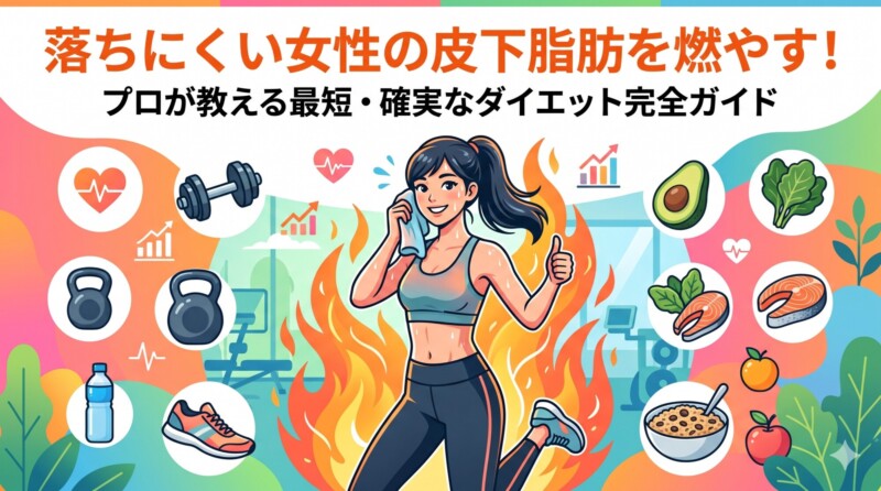 「炎に包まれながら元気にポーズをとるフィットネスウェア姿の女性と、その周囲にダンベルやヘルシーな食材が描かれた、脂肪燃焼ダイエットガイドのアイキャッチイラスト」