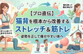 【プロ直伝】猫背を根本から改善するストレッチ＆筋トレのアイキャッチ画像。女性トレーナーのイラストと共に、壁を使った胸のストレッチ、四つん這いで背中を丸める動き、タオルを使ったラットプルダウンのやり方、姿勢改善のビフォーアフターが温かみのあるパステルカラーで描かれています。
