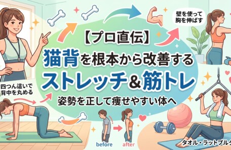 【プロ直伝】猫背を根本から改善するストレッチ＆筋トレのアイキャッチ画像。女性トレーナーのイラストと共に、壁を使った胸のストレッチ、四つん這いで背中を丸める動き、タオルを使ったラットプルダウンのやり方、姿勢改善のビフォーアフターが温かみのあるパステルカラーで描かれています。