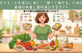 クリーンで鮮やかなアニメ風のイラスト。上部には「ダイエットを成功に導く！「食べて痩せる」ための最強の栄養と食材選び完全ガイド」という日本語のブログタイトルが大きく書かれており、その下に「食べて痩せる健康習慣を身につけよう」というサブタイトルがあります。中央には、笑顔の日本人女性が明るいキッチンカウンターの後ろに立っており、左手に鶏肉と野菜のボウル、右手にアボカドと卵のトーストを持っています。彼女の前には、サーモンフィレ、納豆、ブロッコリー、トマト、リンゴ、ナッツ、アボカド、オリーブオイル、オートミール、さつまいも、卵などの新鮮で健康的な食材が豊富に並んでいます。女性の左側には、P（鶏むね肉、魚）とF（卵）のパネルが、右側にはP（タンパク質、鶏むね肉）、F（脂質、アボカド、オリーブオイル）、C（炭水化物、玄米、オートミール、さつまいも）の具体的な食材をリストアップした詳細なパネルが、それぞれ「PFC BALANCE」と書かれて配置されています。背景は、窓、観葉植物、調理器具、そして「Healthy」というタイトルの本がある棚のある明るいキッチンです。