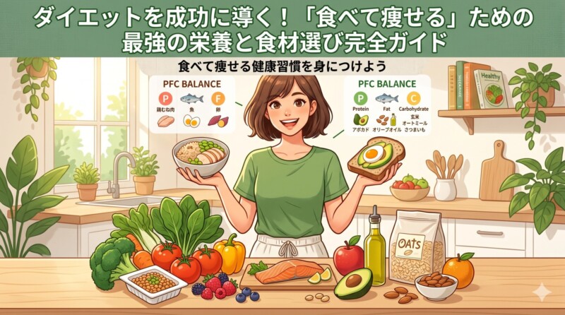 クリーンで鮮やかなアニメ風のイラスト。上部には「ダイエットを成功に導く！「食べて痩せる」ための最強の栄養と食材選び完全ガイド」という日本語のブログタイトルが大きく書かれており、その下に「食べて痩せる健康習慣を身につけよう」というサブタイトルがあります。中央には、笑顔の日本人女性が明るいキッチンカウンターの後ろに立っており、左手に鶏肉と野菜のボウル、右手にアボカドと卵のトーストを持っています。彼女の前には、サーモンフィレ、納豆、ブロッコリー、トマト、リンゴ、ナッツ、アボカド、オリーブオイル、オートミール、さつまいも、卵などの新鮮で健康的な食材が豊富に並んでいます。女性の左側には、P（鶏むね肉、魚）とF（卵）のパネルが、右側にはP（タンパク質、鶏むね肉）、F（脂質、アボカド、オリーブオイル）、C（炭水化物、玄米、オートミール、さつまいも）の具体的な食材をリストアップした詳細なパネルが、それぞれ「PFC BALANCE」と書かれて配置されています。背景は、窓、観葉植物、調理器具、そして「Healthy」というタイトルの本がある棚のある明るいキッチンです。
