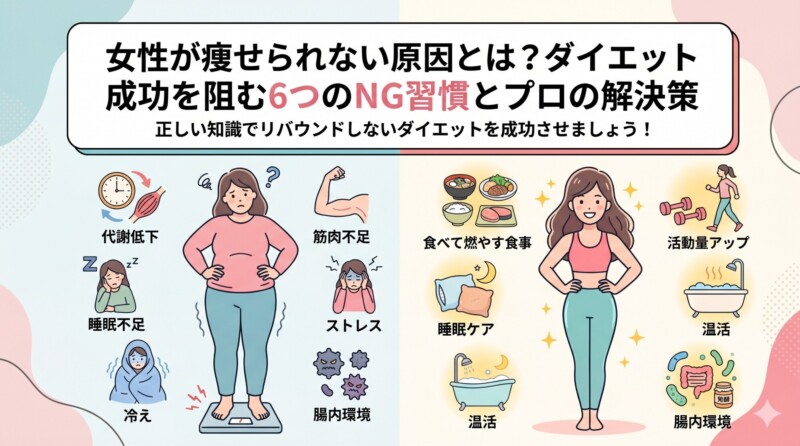 女性が痩せられない原因とプロの解決策を比較したイラスト。左側には代謝低下、睡眠不足、冷え、筋肉不足、ストレス、腸内環境の悪化といった6つのNG習慣に悩む女性、右側には食べて燃やす食事、睡眠ケア、温活、活動量アップなどで健康的にダイエットを成功させている女性が描かれています。