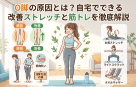 「O脚の原因とは？自宅でできる改善ストレッチと筋トレを徹底解説」というタイトルのインフォグラフィック。中央には真っ直ぐな美しい脚で立つ女性のイラスト。左側にはO脚の原因となる「骨格の歪み」「不良姿勢」「筋力不足」「日常生活の癖」の図解。右側には改善方法として「お尻ストレッチ」「ワイドスクワット」「タオルギャザー」を行う女性のイラストが描かれています。