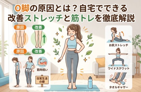 「O脚の原因とは？自宅でできる改善ストレッチと筋トレを徹底解説」というタイトルのインフォグラフィック。中央には真っ直ぐな美しい脚で立つ女性のイラスト。左側にはO脚の原因となる「骨格の歪み」「不良姿勢」「筋力不足」「日常生活の癖」の図解。右側には改善方法として「お尻ストレッチ」「ワイドスクワット」「タオルギャザー」を行う女性のイラストが描かれています。