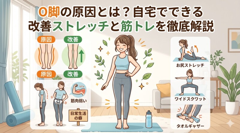 「O脚の原因とは？自宅でできる改善ストレッチと筋トレを徹底解説」というタイトルのインフォグラフィック。中央には真っ直ぐな美しい脚で立つ女性のイラスト。左側にはO脚の原因となる「骨格の歪み」「不良姿勢」「筋力不足」「日常生活の癖」の図解。右側には改善方法として「お尻ストレッチ」「ワイドスクワット」「タオルギャザー」を行う女性のイラストが描かれています。