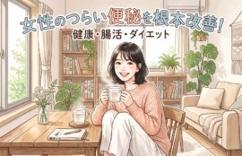温かみのあるデジタルイラスト。明るい笑顔の日本人女性が、窓辺の木製テーブルに座り、両手で湯気が立つ白湯のマグカップを持っている。画像上部には、『女性のつらい便秘を根本改善！ 健康・腸活・ダイエット』という大きな日本語のタイトルテキスト。テーブルには『腸活ノート』とペン、小さな花瓶がある。背景の本棚には、『腸から始める健康』、『すっきり腸活』などの日本語タイトルの本、観葉植物、ソファがあり、自然光が差し込む心地よい生活空間を描いている。