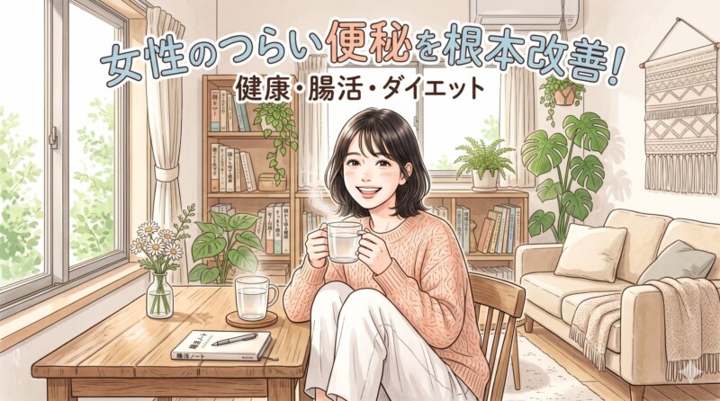 温かみのあるデジタルイラスト。明るい笑顔の日本人女性が、窓辺の木製テーブルに座り、両手で湯気が立つ白湯のマグカップを持っている。画像上部には、『女性のつらい便秘を根本改善！ 健康・腸活・ダイエット』という大きな日本語のタイトルテキスト。テーブルには『腸活ノート』とペン、小さな花瓶がある。背景の本棚には、『腸から始める健康』、『すっきり腸活』などの日本語タイトルの本、観葉植物、ソファがあり、自然光が差し込む心地よい生活空間を描いている。