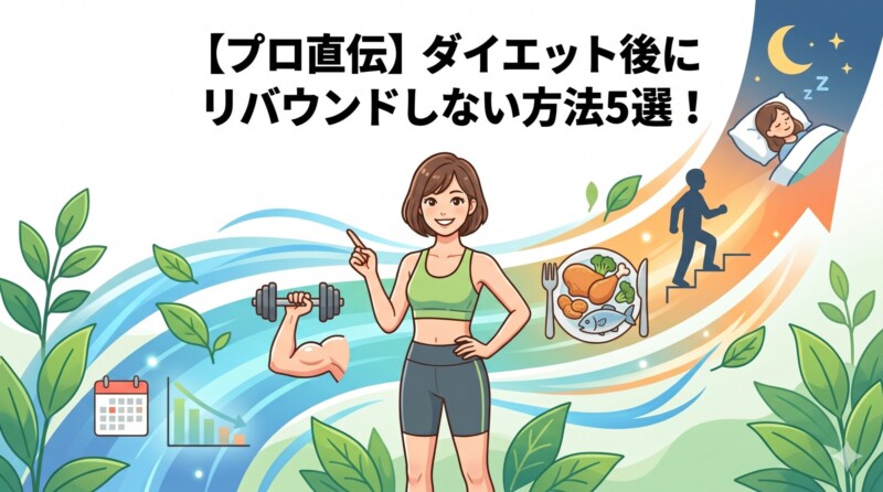 「【プロ直伝】ダイエット後にリバウンドしない方法5選！」というタイトルが書かれたブログ用アイキャッチ画像。中央にフィットネスウェアを着た女性が立ち、周囲に無理のない減量ペース、筋力トレーニング、バランスの良い食事、日常の活動量（NEAT）、質の高い睡眠を表すイラストがパステルカラーで描かれています。