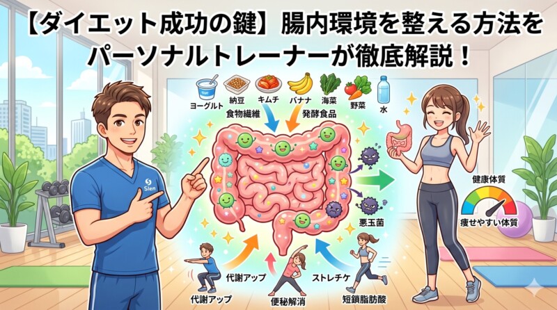 ブログ記事「【ダイエット成功の鍵】腸内環境を整える方法をパーソナルトレーナーが徹底解説！」のアイキャッチ画像。男性パーソナルトレーナーが、ヨーグルトや納豆などの食事や適度な運動によって腸内の善玉菌を増やし、代謝アップや痩せやすい体質作りへ繋がる腸活のメカニズムを図解で分かりやすく解説している温かみのあるイラスト。