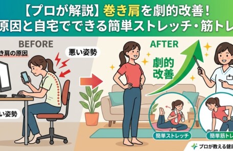 この画像は、巻き肩を改善するためのインフォグラフィックです。 上部には「【プロが解説】巻き肩を劇的改善！原因と自宅でできる簡単ストレッチ・筋トレ」というタイトルがあります。 中央には、巻き肩の女性が猫背でデスクワークをする「BEFORE」と、姿勢が良くなり背筋を伸ばして立つ「AFTER」の対比が描かれています。 「BEFORE」では、悪い姿勢でスマートフォンを見る様子、背骨の湾曲や首・肩の痛みが強調されています。 「AFTER」では、姿勢が良くなった女性の横で、白衣を着たプロの女性が指示を出しており、上向きの大きな矢印が「劇的改善」を示しています。 下部には、具体的な改善方法として、タオルを使って首の後ろでストレッチする「簡単ストレッチ」と、ダンベルを使って筋トレをする「簡単筋トレ」の図解が円形の窓の中に描かれています。 右下には「プロが教える健康ガイド」というロゴがあります。