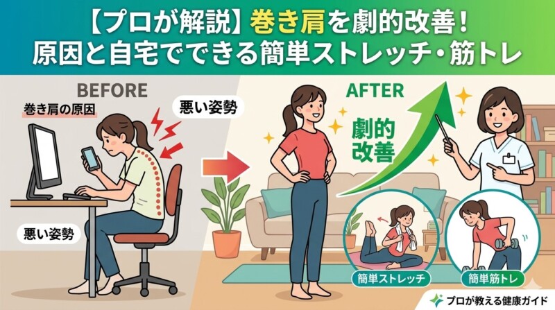 この画像は、巻き肩を改善するためのインフォグラフィックです。 上部には「【プロが解説】巻き肩を劇的改善！原因と自宅でできる簡単ストレッチ・筋トレ」というタイトルがあります。 中央には、巻き肩の女性が猫背でデスクワークをする「BEFORE」と、姿勢が良くなり背筋を伸ばして立つ「AFTER」の対比が描かれています。 「BEFORE」では、悪い姿勢でスマートフォンを見る様子、背骨の湾曲や首・肩の痛みが強調されています。 「AFTER」では、姿勢が良くなった女性の横で、白衣を着たプロの女性が指示を出しており、上向きの大きな矢印が「劇的改善」を示しています。 下部には、具体的な改善方法として、タオルを使って首の後ろでストレッチする「簡単ストレッチ」と、ダンベルを使って筋トレをする「簡単筋トレ」の図解が円形の窓の中に描かれています。 右下には「プロが教える健康ガイド」というロゴがあります。