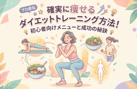 パステルカラー調のイラスト。上部に大きく「【プロ直伝】確実に痩せる ダイエットトレーニング方法！ 初心者向けメニューと成功の秘訣」というテキスト。中央で笑顔でスクワットをする女性が描かれ、その周囲にプランク、ランニング、健康的な食事（サラダ、ヨーグルト）、そして上向きの矢印や電球のアイコンが配されている。
