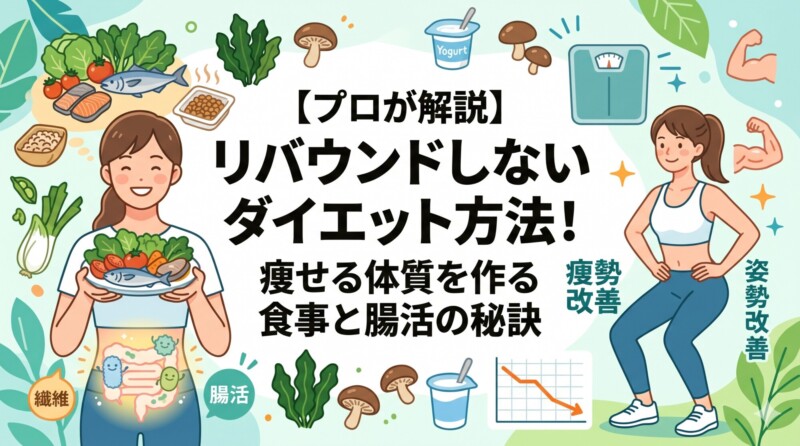 ブログ記事「【プロが解説】リバウンドしないダイエット方法！痩せる体質を作る食事と腸活の秘訣」のアイキャッチ画像。健康的な食事を持ち腸内環境が整っている女性と、正しい姿勢でスクワットをする女性のイラストを中心に、野菜、魚、納豆、ヨーグルトなどの腸活食材や体重計がパステルカラーの優しいタッチで描かれています。