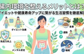 中央に健康な腸のイラストを持つ女性を描いた、腸内環境を整えるメリットに関するブログのアイキャッチイラスト。上部に「腸内環境を整えるメリットとは？ダイエットや健康寿命アップに繋がる生活習慣を徹底解説」というタイトルテキスト。周囲に「ダイエット効果」「免疫力向上」「メンタル安定」の効果と、「食事」「運動」「睡眠」の生活習慣のアイコンが配置されている。
