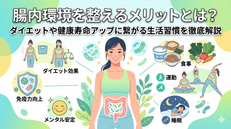 中央に健康な腸のイラストを持つ女性を描いた、腸内環境を整えるメリットに関するブログのアイキャッチイラスト。上部に「腸内環境を整えるメリットとは？ダイエットや健康寿命アップに繋がる生活習慣を徹底解説」というタイトルテキスト。周囲に「ダイエット効果」「免疫力向上」「メンタル安定」の効果と、「食事」「運動」「睡眠」の生活習慣のアイコンが配置されている。