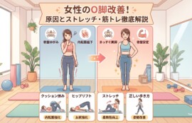 女性のO脚改善を解説するブログ記事のアイキャッチ画像。「女性のO脚改善！原因とストレッチ・筋トレ徹底解説」のタイトルと共に、O脚に悩む女性がストレッチや筋トレを通じてまっすぐな美脚へと変化するビフォーアフターのイラストが描かれています。下部にはクッション挟みやヒップリフトなどの具体的な改善エクササイズも紹介されています。