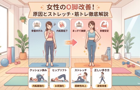 女性のO脚改善を解説するブログ記事のアイキャッチ画像。「女性のO脚改善！原因とストレッチ・筋トレ徹底解説」のタイトルと共に、O脚に悩む女性がストレッチや筋トレを通じてまっすぐな美脚へと変化するビフォーアフターのイラストが描かれています。下部にはクッション挟みやヒップリフトなどの具体的な改善エクササイズも紹介されています。