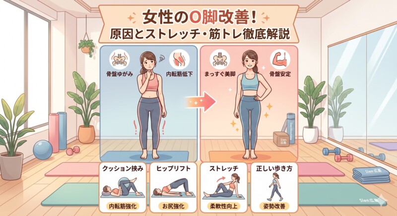 女性のO脚改善を解説するブログ記事のアイキャッチ画像。「女性のO脚改善！原因とストレッチ・筋トレ徹底解説」のタイトルと共に、O脚に悩む女性がストレッチや筋トレを通じてまっすぐな美脚へと変化するビフォーアフターのイラストが描かれています。下部にはクッション挟みやヒップリフトなどの具体的な改善エクササイズも紹介されています。