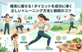 ブログ記事「確実に痩せる！ダイエットを成功に導く正しいトレーニング方法と継続のコツ」のアイキャッチ画像。タイトル文字と共に、筋力トレーニング、有酸素運動、姿勢改善、腸内環境を整える食事に取り組む女性の様子が、温かみのあるパステルカラーのイラストで描かれています。