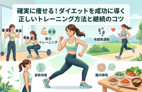 ブログ記事「確実に痩せる！ダイエットを成功に導く正しいトレーニング方法と継続のコツ」のアイキャッチ画像。タイトル文字と共に、筋力トレーニング、有酸素運動、姿勢改善、腸内環境を整える食事に取り組む女性の様子が、温かみのあるパステルカラーのイラストで描かれています。